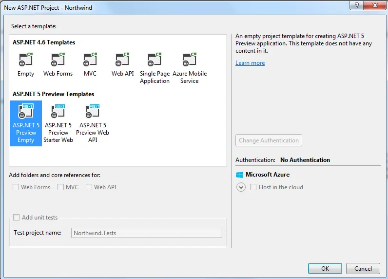 new asp.net blank app